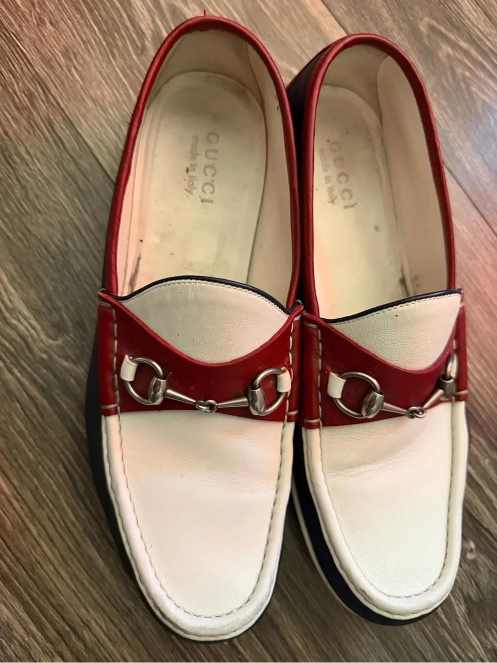Gucci Two-Tone Leather Horsebit Loafers in White, Red & Black
